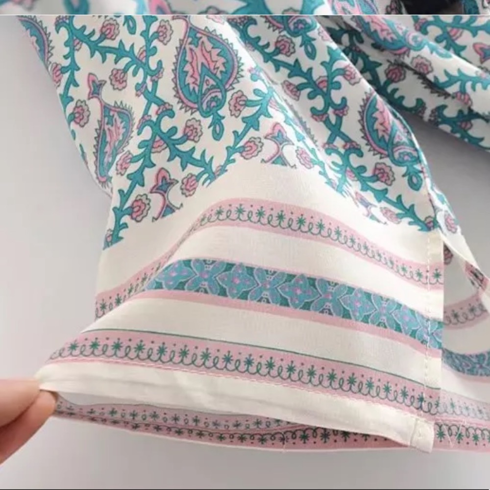 Bohemian Gypsy Print Kimono Maxi Dress Blue Cream - Picture 11 of 14